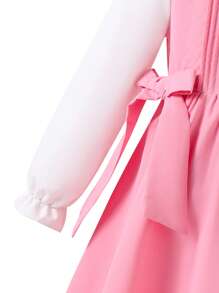 Tween Girl Ruffle Collar 2 In 1 Pleated Bowknot Long Dress Fall Winter - Pink - View 3