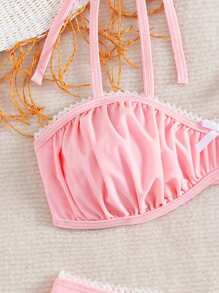 Swim Mod Vacation Beach Sexy Cute Ruffle Bowknot Pink Bikini Set For Summer - Pink - View 2