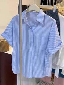 INAWLY Casual Loose Striped Short Sleeve Shirt