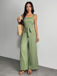 SHEIN PETITE Bộ đồ liền thân ống rộng buộc eo màu trơn dành cho nữ, Trang phục mùa hè, Kỳ nghỉ, Xanh lá cây xô thơm, Bộ đồ liền thân có cổ bẻ và thắt eo. Quần ống rộng - màu xanh lá - Xem 3
