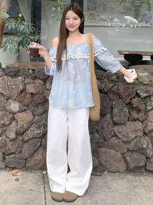 DAZY Women's Floral Print Off Shoulder Ruffle Trim Flowy Casual Summer Top Shirt Vacation - Blue - View 4