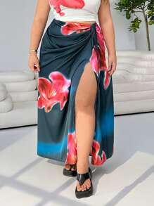 SHEIN EZwear Plus Size Summer Vacation Casual Floral Print High Slit Skirt - Royal Blue - View 4