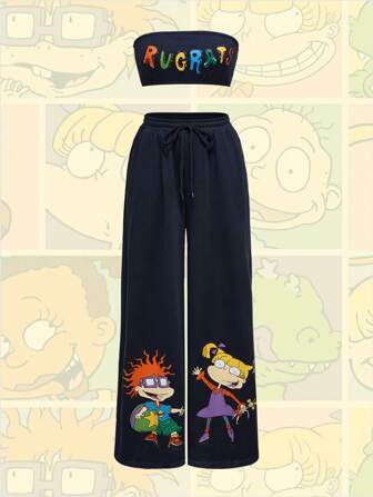 Nick 90's X ROMWE Cartoon Pattern Crop Top And Wide Leg Pants Set For Women