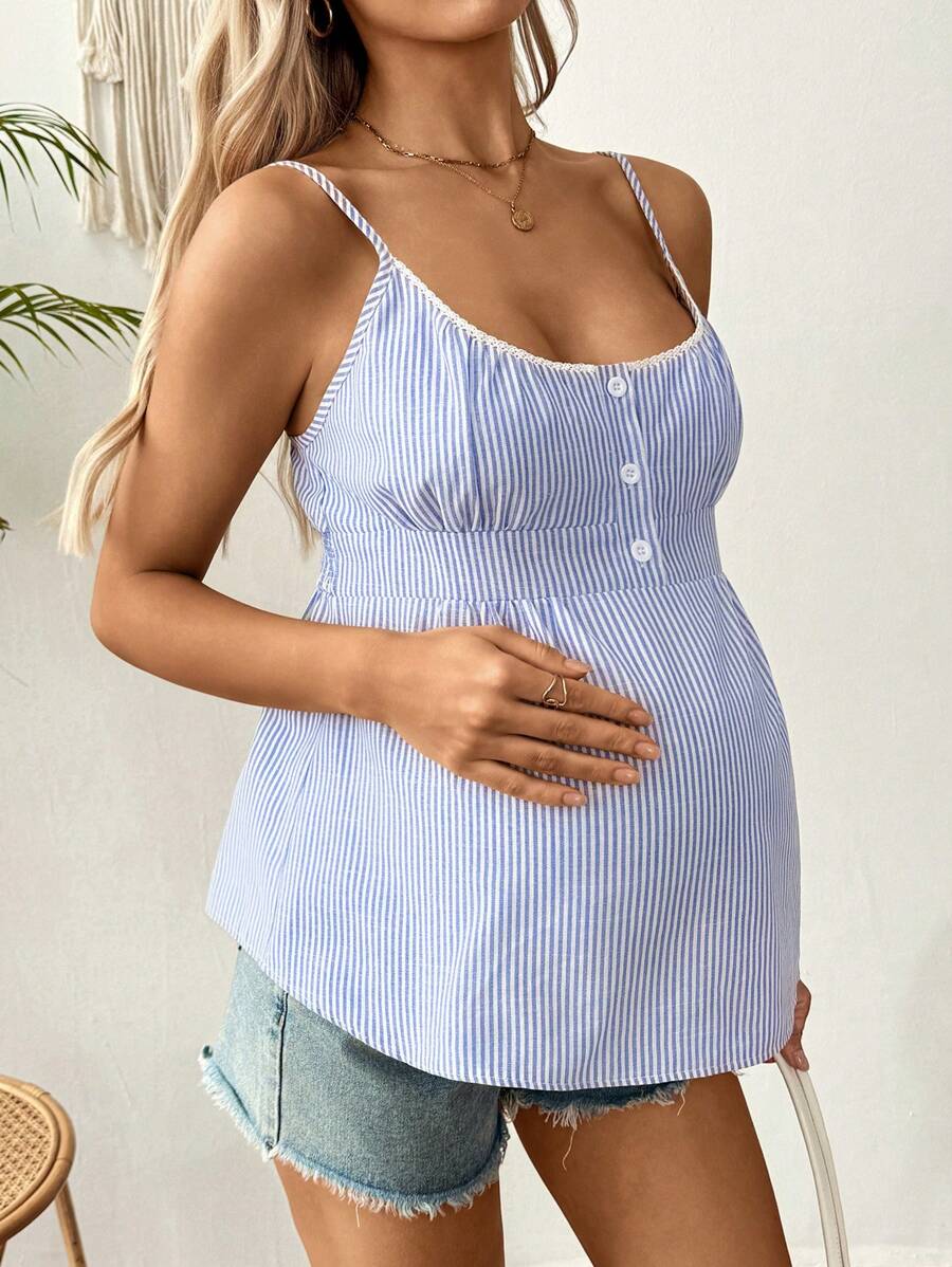 SHEIN Maternity Striped Button Front Casual Camisole For Summer - Blue and White - View 1