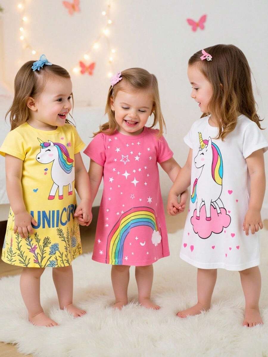 3件套女婴粉色、白色、黄色彩虹独角兽印花短袖睡衣套装，女婴夏季服装，小猫咪睡衣套装，女婴服装，女婴衣服，适合2岁女童 - 彩色 - 查看 1