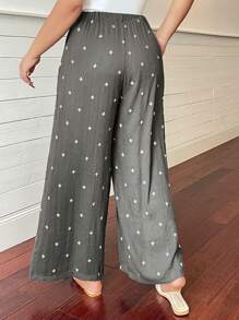Dazy Plus Elastic Waist Floral Embroidery Wide Leg Loose Casual Long Pants - Grey - View 2