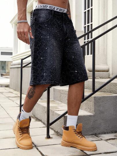 Street Life Shorts vaqueros para hombres con adornos de rhinestones