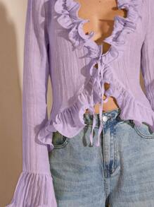 SHEIN BAE Damen Elegante Leichte Bluse mit tiefem V-Ausschnitt, Rüschensaum und Langarm für den frühen Frühling, geeignet für romantische Dates, Treffen mit Freundinnen, Frühlingsausflüge und Partyevents