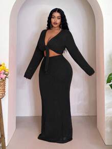 Veslaya Conjunto de suéter de manga larga de un solo color con nudo en la parte delantera y falda midi de punto para mujer talla grande