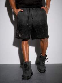 ROMWE MEN Street Life Men's Ombre Rhinestone Gradient Color Print Shorts, Suitable For Daily Wear In Spring & Summer