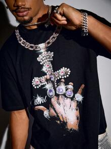 ROMWE MEN Street Life Men's Y2K Goth Slogan Print Short Sleeve Tee, Suitable For Everyday Wear, Spring/Summer, Halloween - Black - View 2