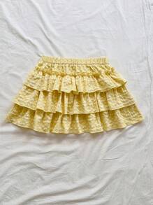 Soleia 女士假期黄色编织提花纹理低腰分层荷叶边下摆 A 字迷你裙，适合派对、约会、聚会、假期、海滩、游轮、城市度假、婚礼季、下午茶、学校/毕业季 - 黃色 - 查看 3