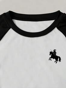 INAWLY 女式休闲百搭撞色拼布骑士印花褶饰 T 恤，夏季