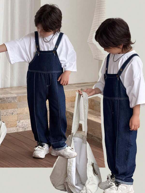 SHEIN Young Boys' Fashion Casual Style Folded Hem Loose Fit Baggy Dark Blue Denim Overall Jumpsuit For Kids Clothes Boys Costume Dailywear And Kids Summer And Spring Clothes