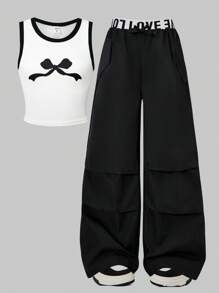 SHEIN Conjunto de niña preadolescente con top sin mangas con adorno de lazo y ribete de contraste, y pantalones cargo