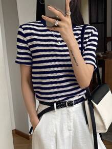 Dazy-Less 女士休闲商务短袖T恤，拼色格子图案，适合办公室穿着 - 藏蓝色 - 查看 5