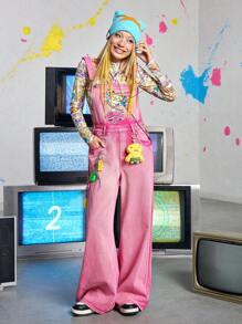 Nick 90's X ROMWE Cartoon Pattern Cute Pink Denim Jumpsuit - Pink - View 9
