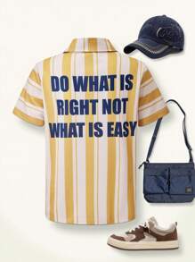 SHEIN Casuvi Kids 1pc Older Boys Letter Graphic Striped Polo Shirt, Retro Summer New Arrival - Multicolor - View 1