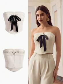 ZEYLAH Women Solid Color Front Tie Tube Top - Beige - View 7