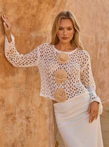 SHEIN Clasi Women's 3D Floral Hollow Knitted Top - Apricot - View 3