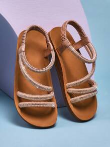 Mini mi #CoquetteAesthetic 女孩水钻珍珠系带露趾鞋床玫瑰金凉鞋 - 时尚、闪亮、舒适 - 玫瑰金 - 查看 7