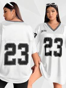 SHEIN CURVE+ 大码女式运动休闲23号印花拼接透视T恤连衣裙 - 白色 - 查看 3