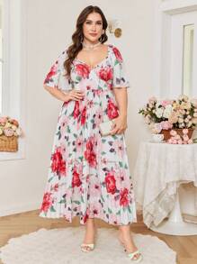 Modelyn Robe midi élégante pour les vacances avec encolure en V, manches courtes à volants, taille plissée et imprimé floral pour femmes grandes tailles