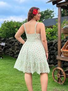 SHEIN EZwear Plus Size Summer Holiday Casual Green Strawberry Print Mini Dress - Green - View 2