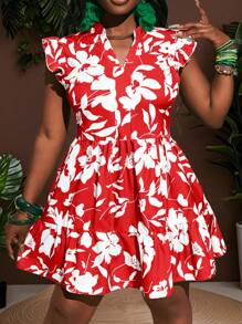 Slaydiva Vestido casual de vacaciones con estampado floral de talla grande/Ropa de mujer de otoño/Ropa de verano de talla grande/4 de julio/4 de julio para mujer/Y2K/Ropa de calle para mujer/Campo/Playa/Club/Maestra/Lino/Ropa de calle/Verano europeo/Atuendos de verano para mujer/Ropa de moda para mujer/Vestido floral rojo Vestido de hibisco Vestido de Aloha Vestido de vacaciones rojo Vestido de Hawái - Rojo - Ver 1