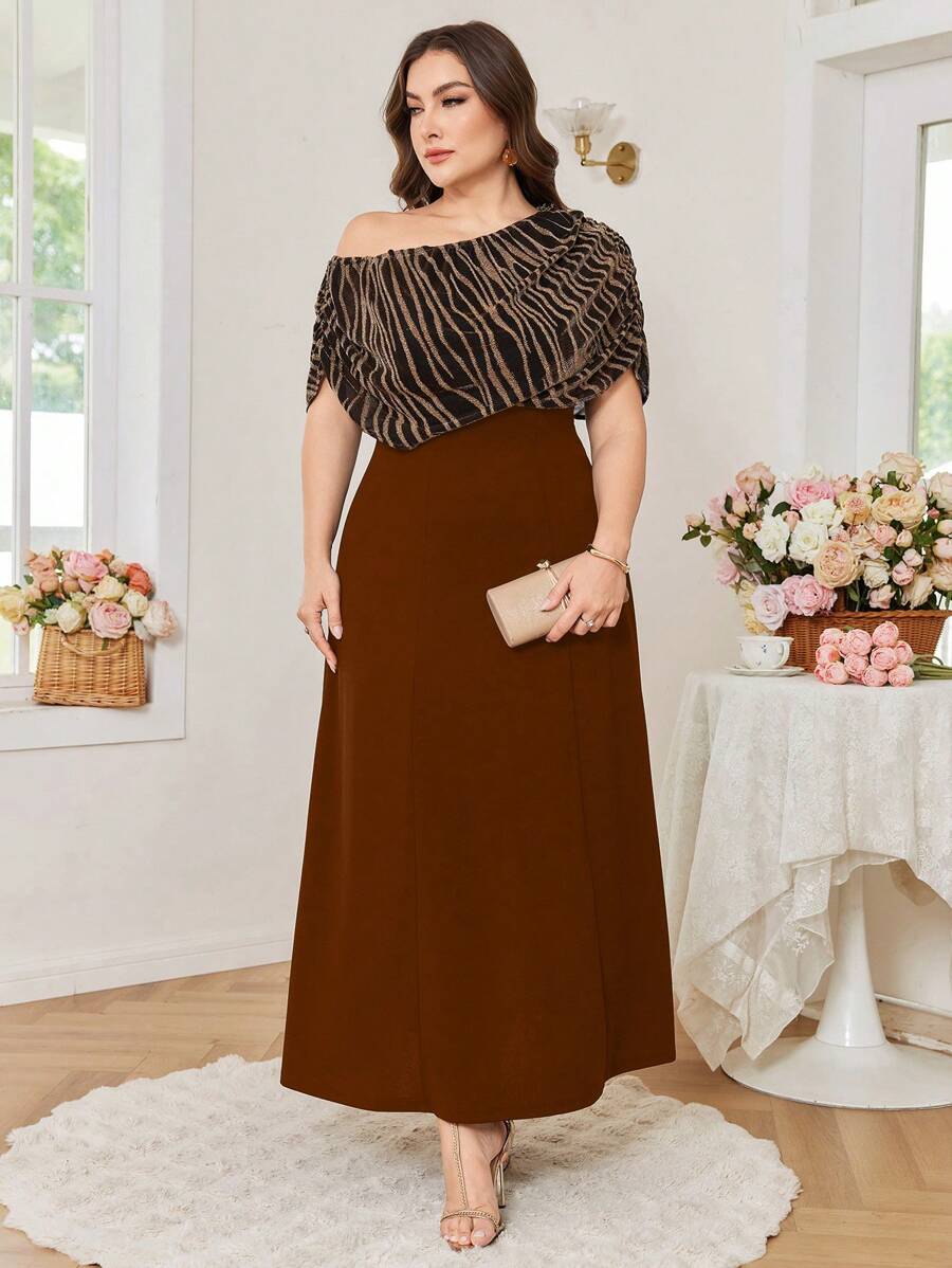 Modelyn Plus Size Slash Neck Striped Patchwork Bodycon Mini Dress, Slimming And Figure-Flattering