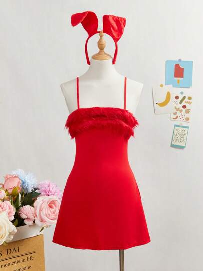 SHEIN 2 Pieces Set: Faux Fur Patchwork Slip Dress With Sheer Lingerie Set, For Teen Girls