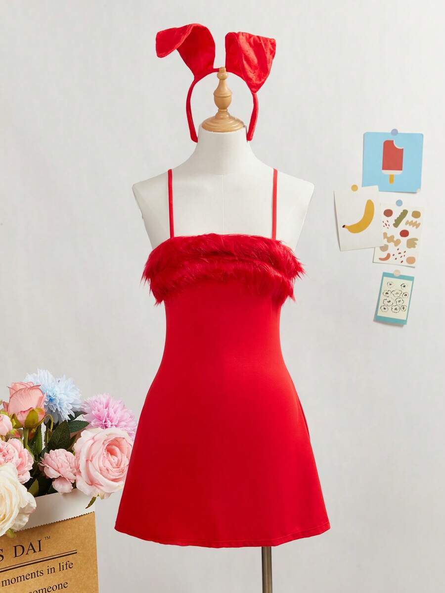 SHEIN 2 Pieces Set: Faux Fur Patchwork Slip Dress With Sheer Lingerie Set, For Teen Girls - Red - View 1