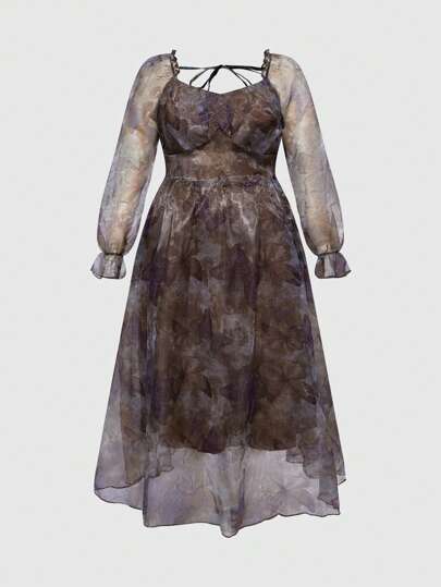 Abito elegante da festa in giardino con motivo floreale vintage e farfalle, di taglia grande