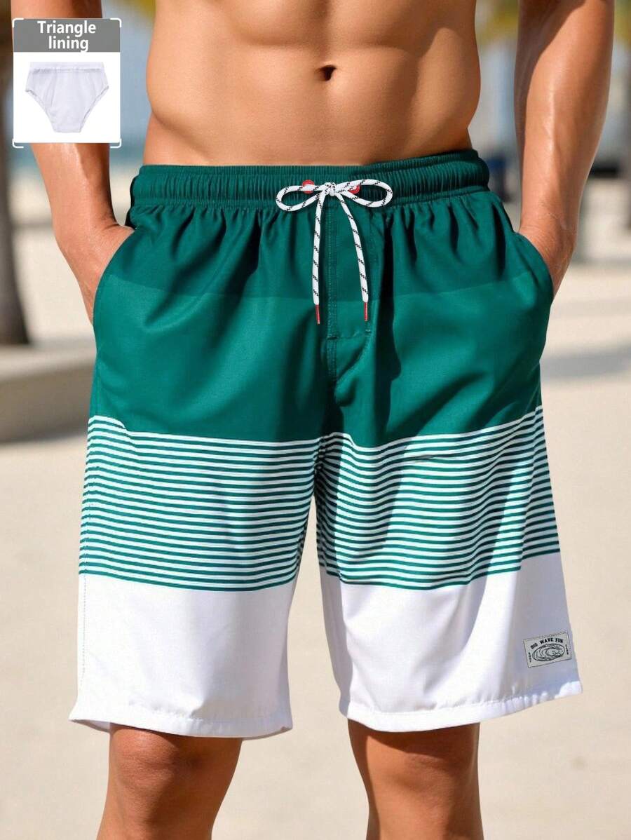 Manfinity KASUA Quần short đi biển rộng rãi có dây rút eo kẻ sọc dành cho nam, quần short đi biển Hawaii dành cho nam - Màu xanh lá cây đậm - Xem 1