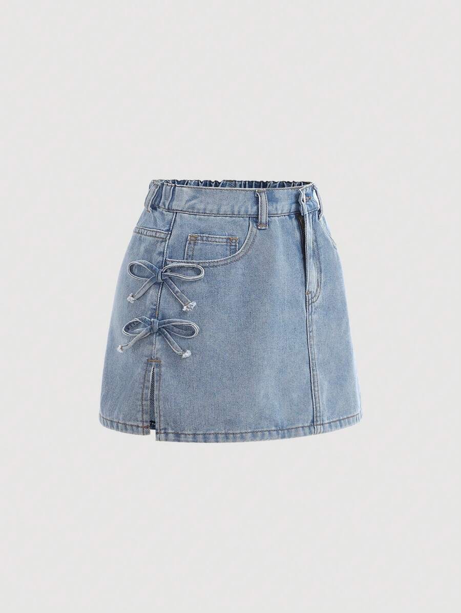 SHEIN Girlism Tween Girls Y2k Style Casual Distressed Boho Cute Bowknot Side Split Loose Fit Blue Denim Mini Skirt,For Tween Girl Y2k Clothes Girls Spring Summer Daily Wear Clothes,Beach Vacation Outfits, Country Concert Outfit,Streetwear Outfits Tween Girls ,Cute Summer Skirt