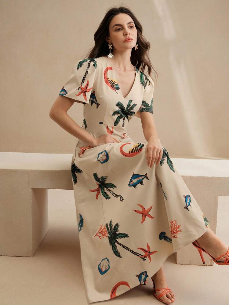 Women's V-Neck Cinched-Waist Maxi Vacation Dress With Elegant Floral Print, Summer