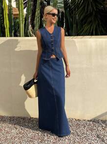 DAZY 女式 V 领无袖纯色牛仔上衣和迷你裙套装，时尚夏季 - 藍色 - 查看 5