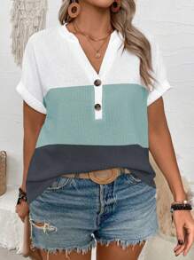 SHEIN New Plus Size Women V-Neck Loose Short Sleeve Colorblock Printed T-Shirt - White - View 3