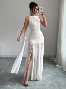 Elenzga Women Solid Color Minimalist Sleeveless Long Dress