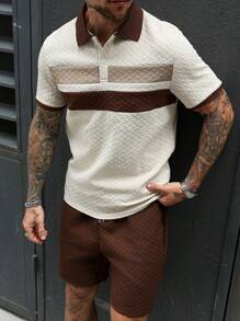 Manfinity CasualCool Conjunto de camiseta polo casual de hombre con rayas marrones y textura