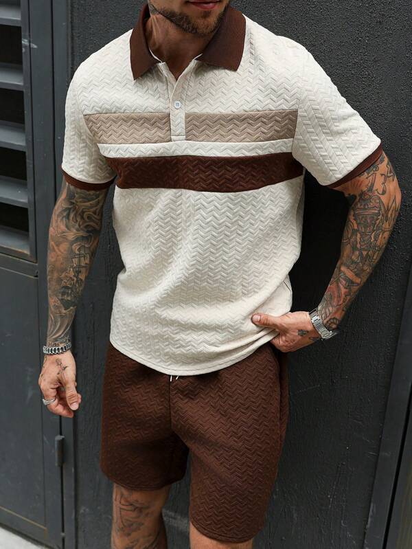 Manfinity CasualCool Men's Casual Brown Striped Textured Polo Shirt Set Men Brown Short Set Casual Two Piece Set Men