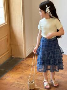 DAZY 年轻女孩松紧腰格子网纱时尚可爱韩版中长裙女童夏装 - 藍色 - 查看 4