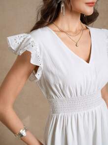 Amorya Summer Elegant Women's Solid Color V-Neck Embroidered Ruffle Edged Sleeves Embroidered Waist A-Line Splicing Embroidered Ruffle Pendant Extra Long Dress - White - View 7