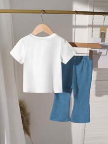 2pcs/Set Young Girls Fashionable Casual Denim Effect Heart Print Short Sleeve T-Shirt And Flare Pants Set, Summer - Multicolor - View 2