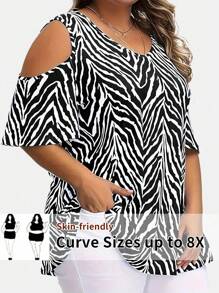 SHEIN CURVE+ Plus Size Women's Off-Shoulder Short Sleeve Casual Fashion Zebra Print T-Shirt