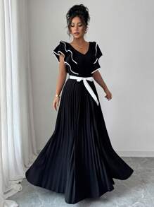 Elenzga Váy nữ thanh lịch lãng mạn cổ chữ V thắt eo xếp ly chữ A thanh lịch - Đen và trắng - Xem 4