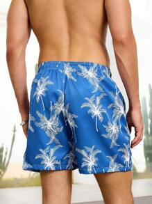CoralVoy Men's Plant Print Pocket Drawstring Waist Beach Shorts, Suitable For Summer, Hawaiian - Blue - View 2