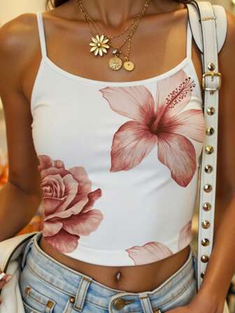 RueChic Women Casual Floral Print Racerback Camisole, Sexy & Slim Fit, Perfect For Vacation