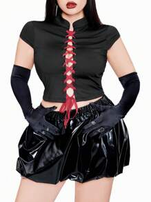 Flirla Camiseta diaria de talla grande para mujer, con cuello alto, efecto color block y cordón - Negro - Ver 8