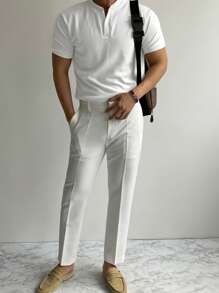 DAZY Camiseta ajustada de hombre de unicolor azul con cuello en V y cierre de 1/3, ropa de vuelta al colegio